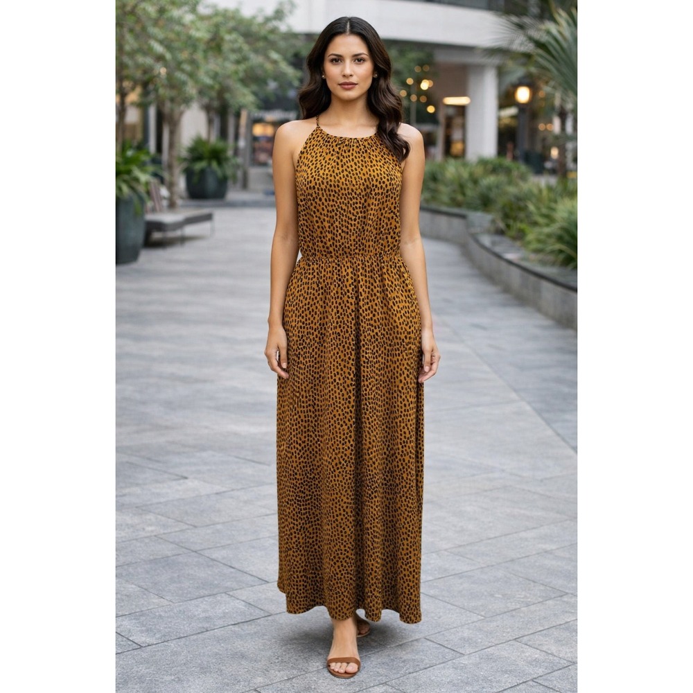 J. Crew Leopard Printed Maxi Dress Womens Size 8 Keyhole Boho Back Elastic Waist